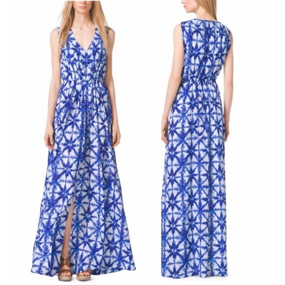 Michael Kors Blue and White Patterned Maxi Dress